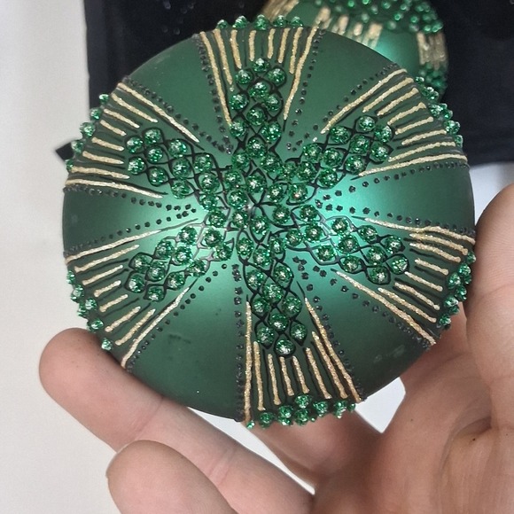 2 Vintage Dept 56 Poland Glass Ornaments Green Gold Glitter Embellished Elegant - Picture 12 of 16